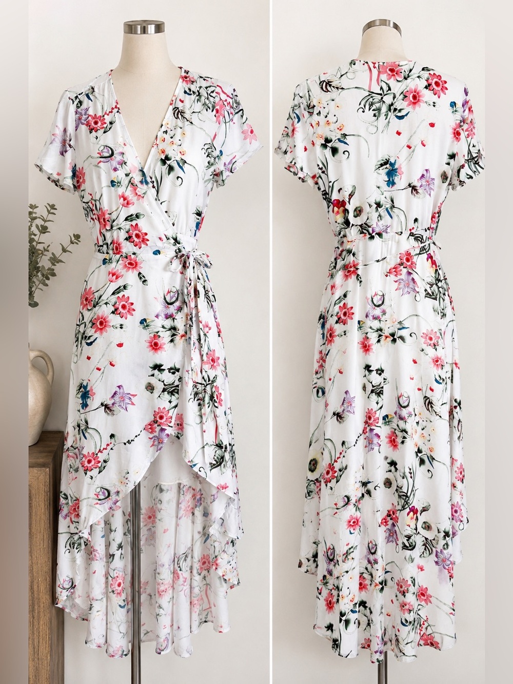 Aakaa White Floral Tie-Front Maxi with Pink Blooms